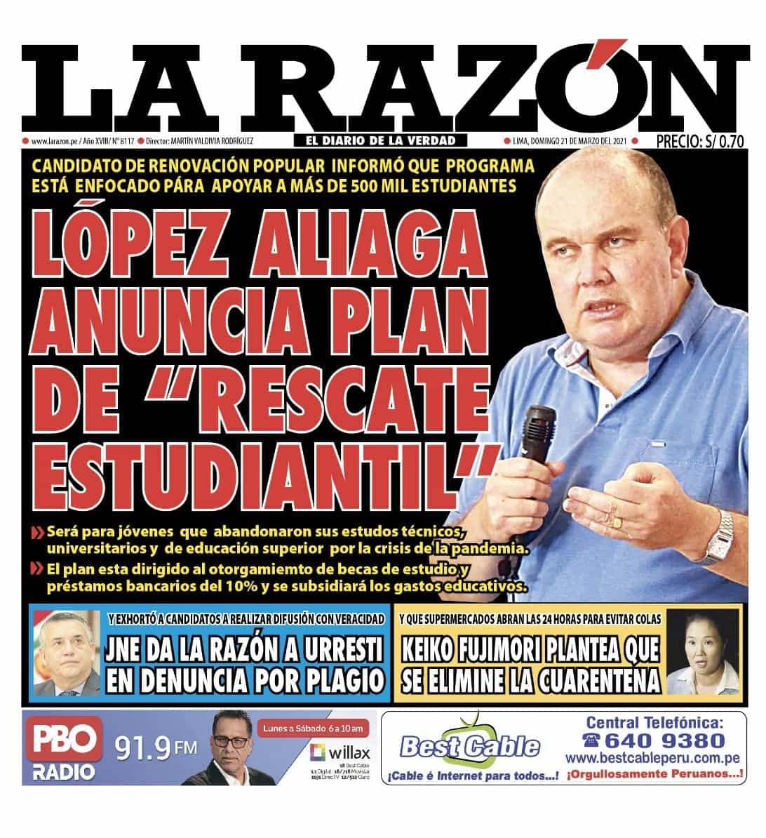 Portada impresa – Diario La Razón (21/03/2021)