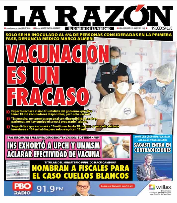 Portada impresa – Diario La Razón (07/03/2021)