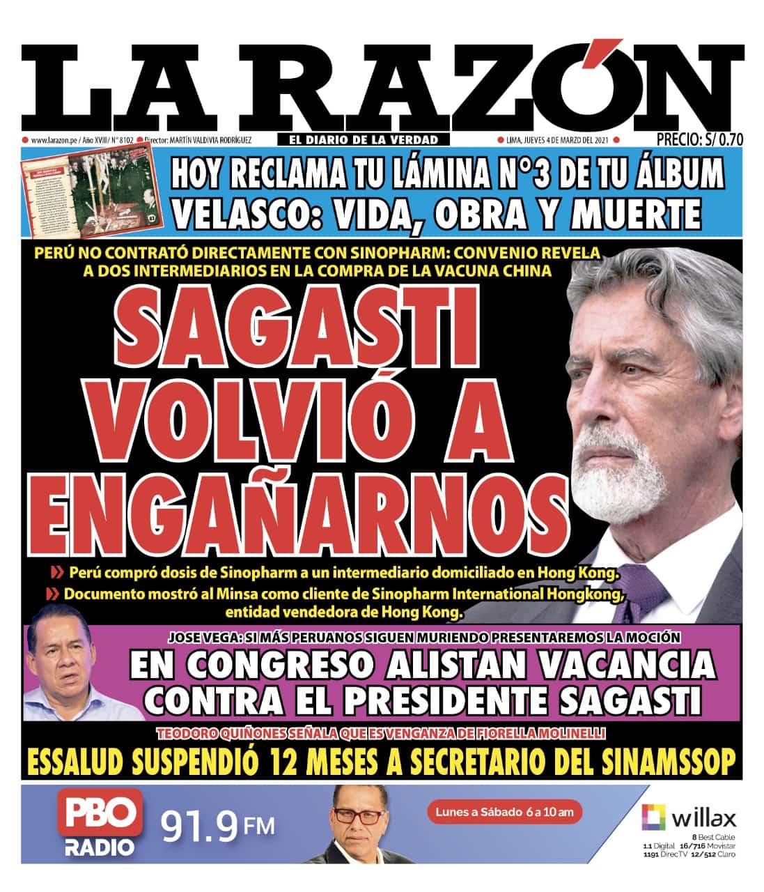 Portada impresa – Diario La Razón (04/03/2021)