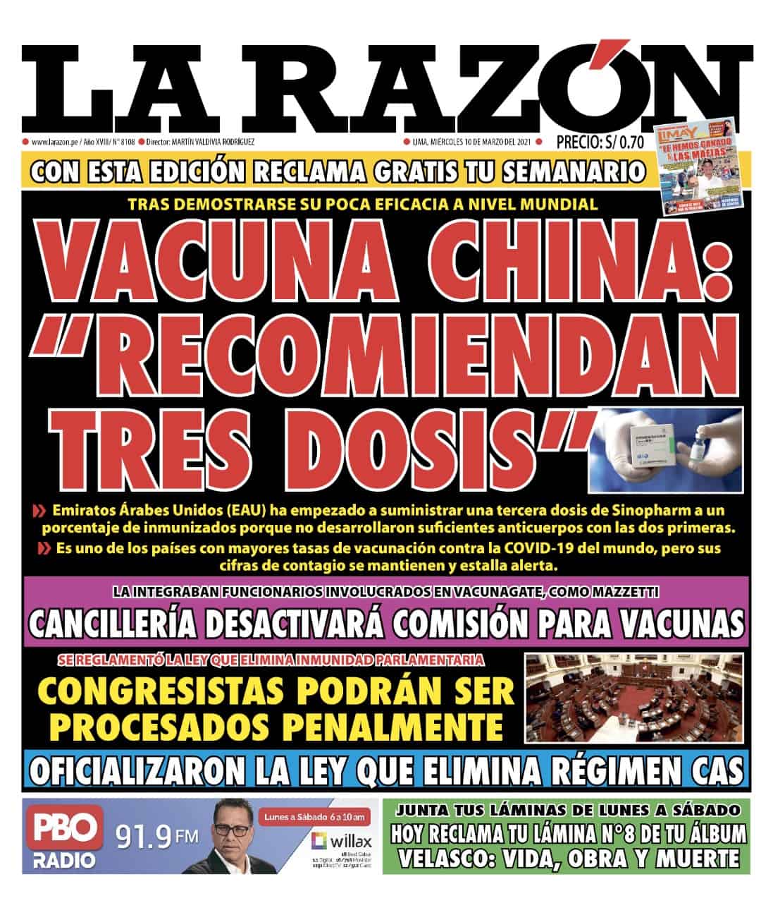 Portada impresa – Diario La Razón (10/03/2021)