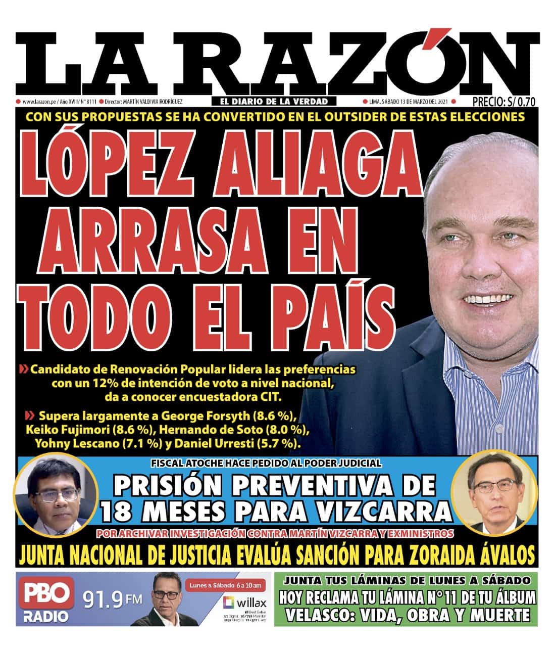 Portada impresa – Diario La Razón (13/03/2021)
