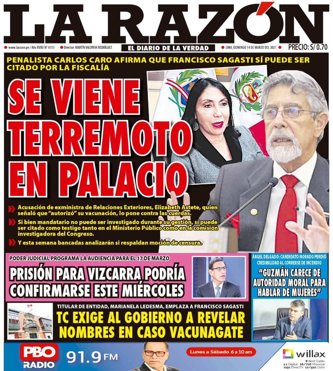 Portada impresa – Diario La Razón (14/03/2021)
