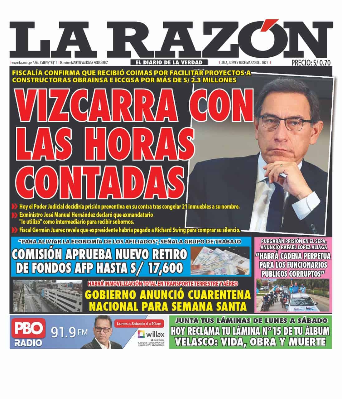 Portada impresa – Diario La Razón (18/03/2021)