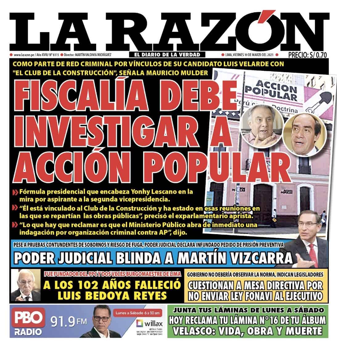 Portada impresa – Diario La Razón (19/03/2021)