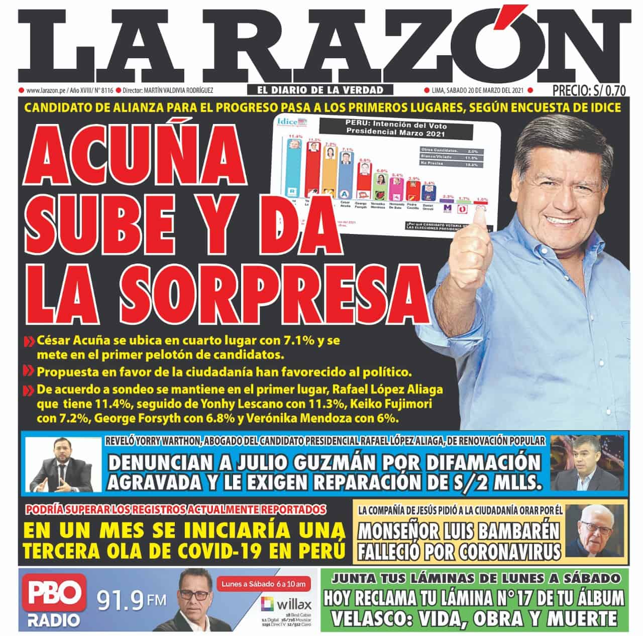Portada impresa – Diario La Razón (20/03/2021)