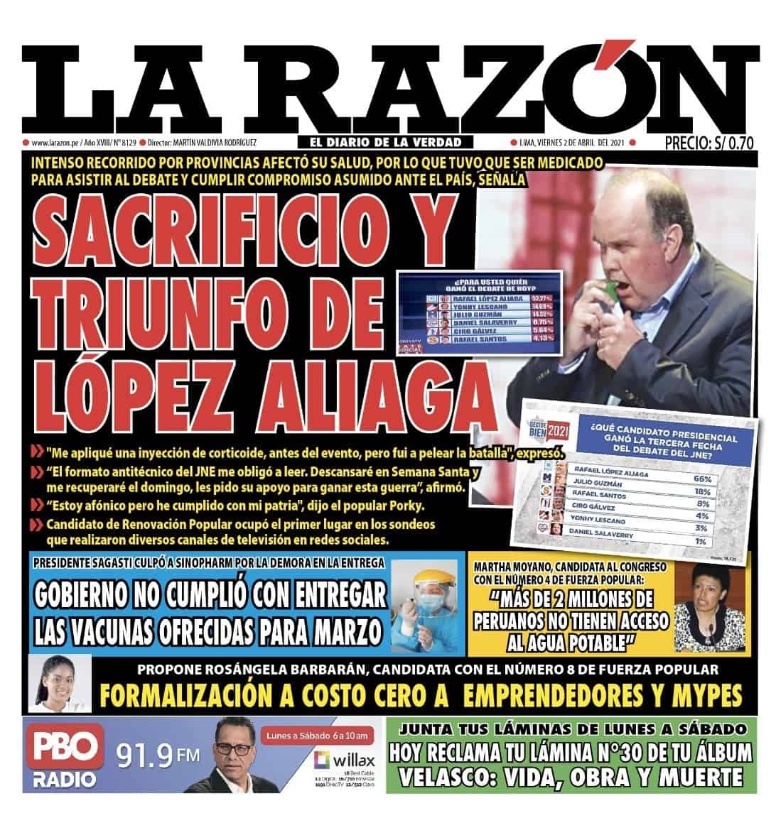 Portada impresa – Diario La Razón (02/04/2021)
