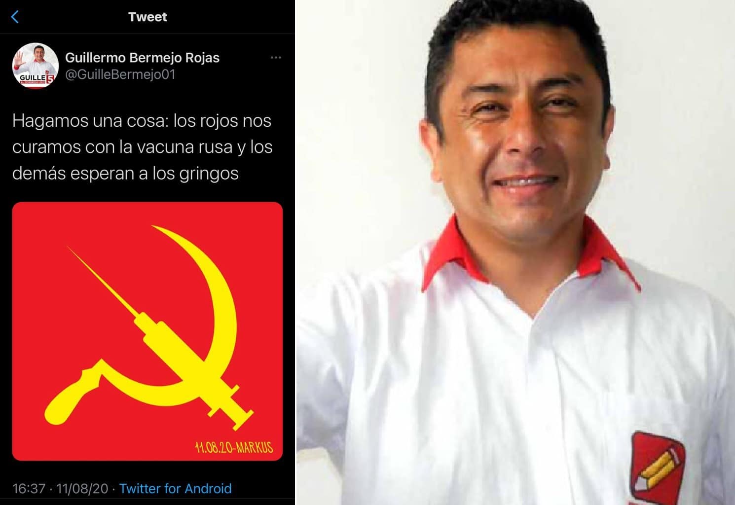Virtual congresista de Perú Libre, Guillermo Bermejo Rojas publicó tuit emulando la hoz y el martillo