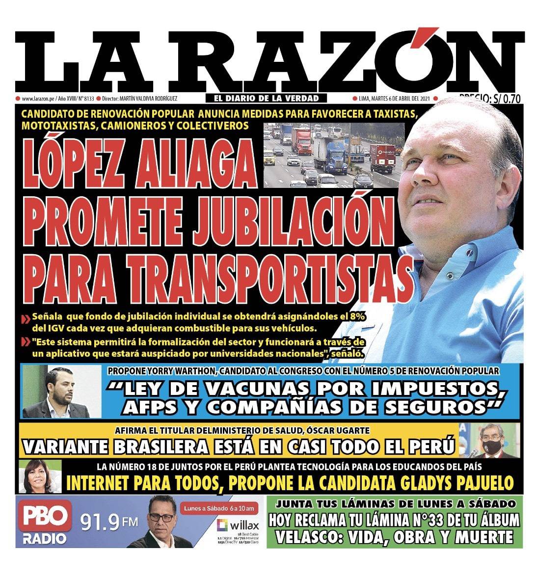 Portada impresa – Diario La Razón (06/04/2021)