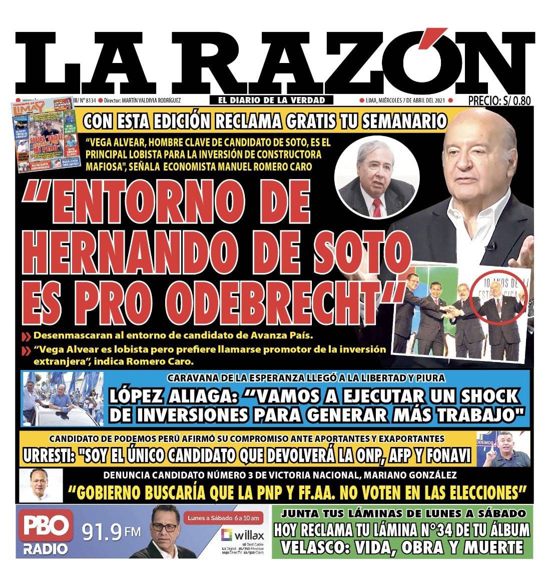 Portada impresa – Diario La Razón (07/04/2021)