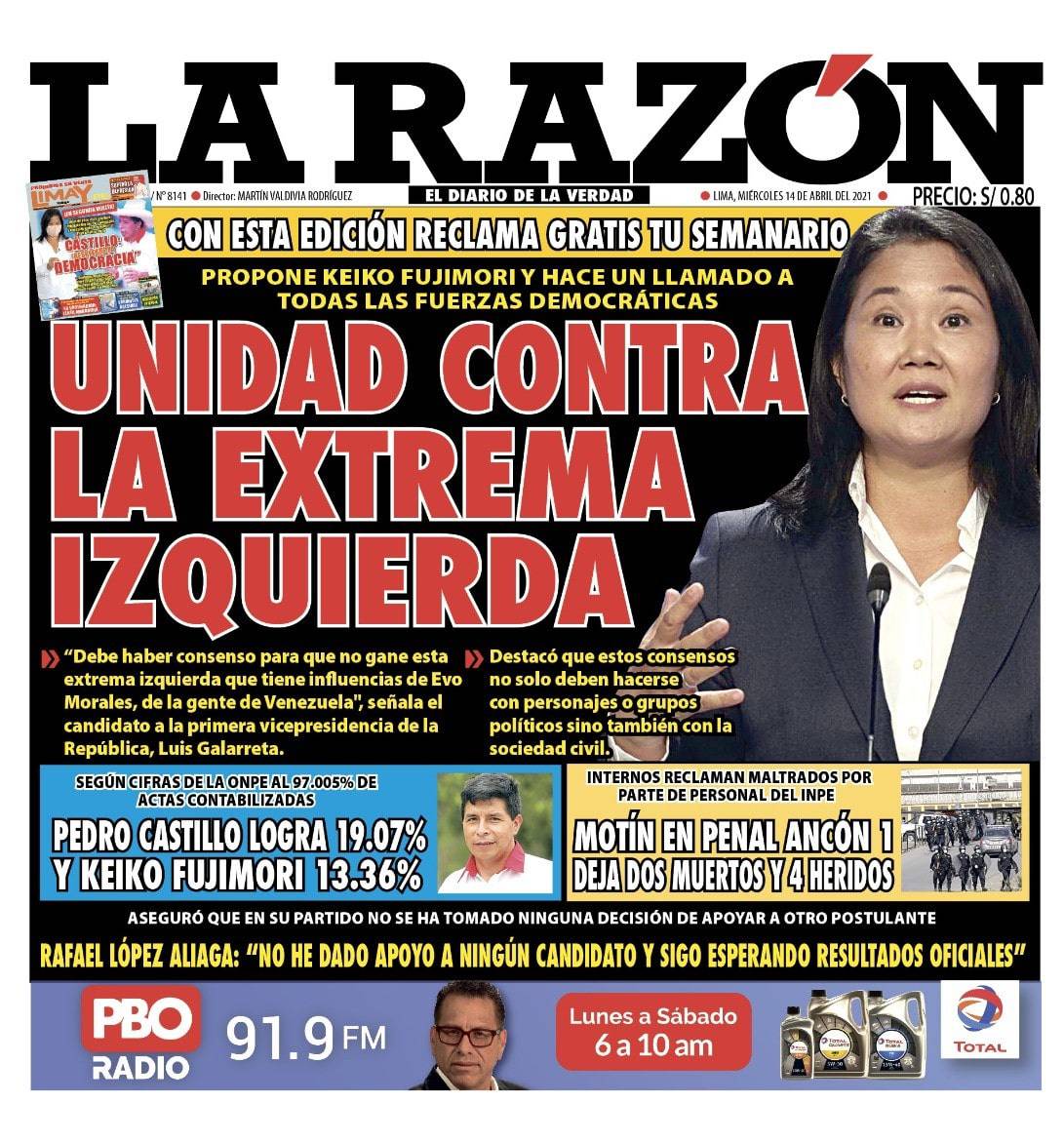 Portada impresa – Diario La Razón (14/04/2021)