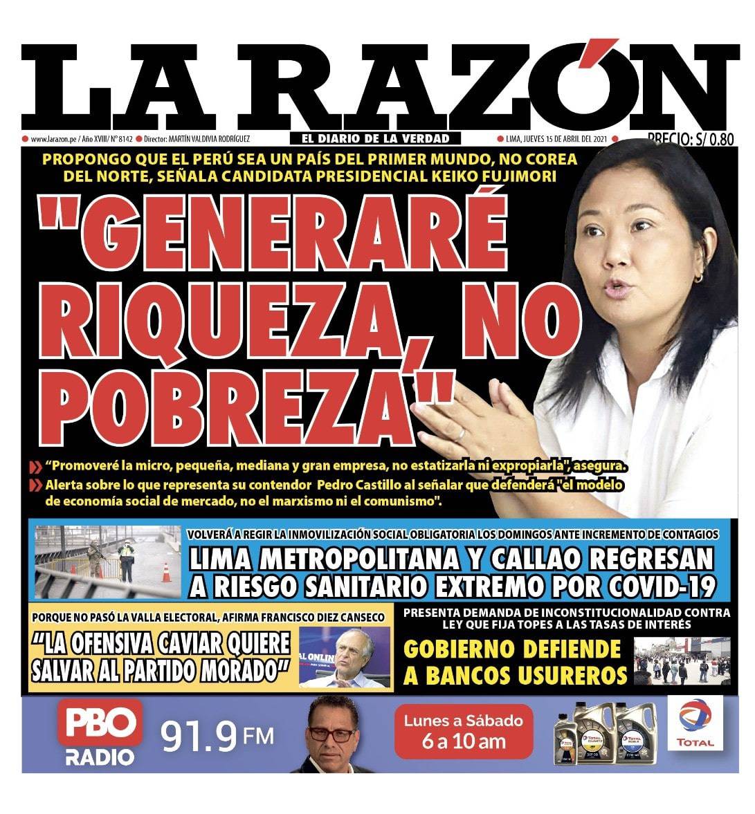 Portada impresa – Diario La Razón (15/04/2021)