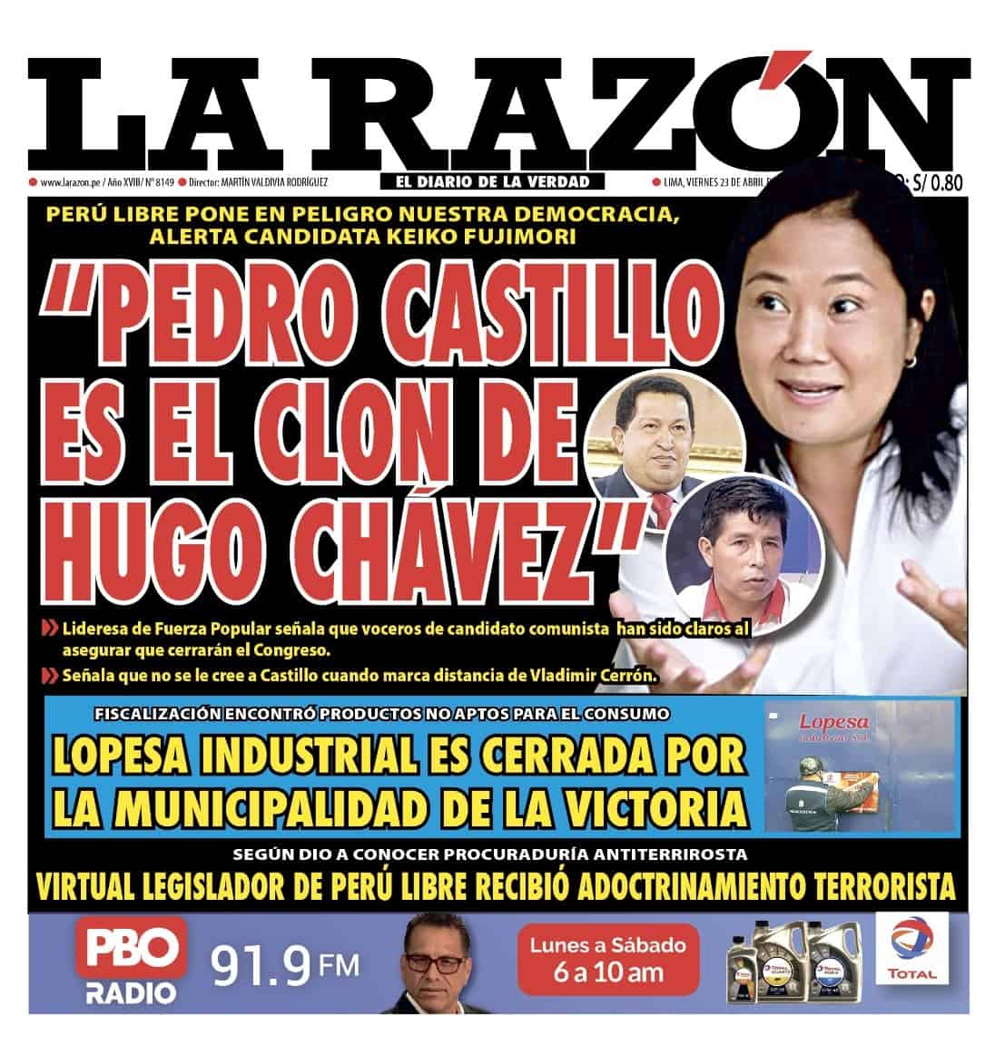 Portada impresa – Diario La Razón (23/04/2021)