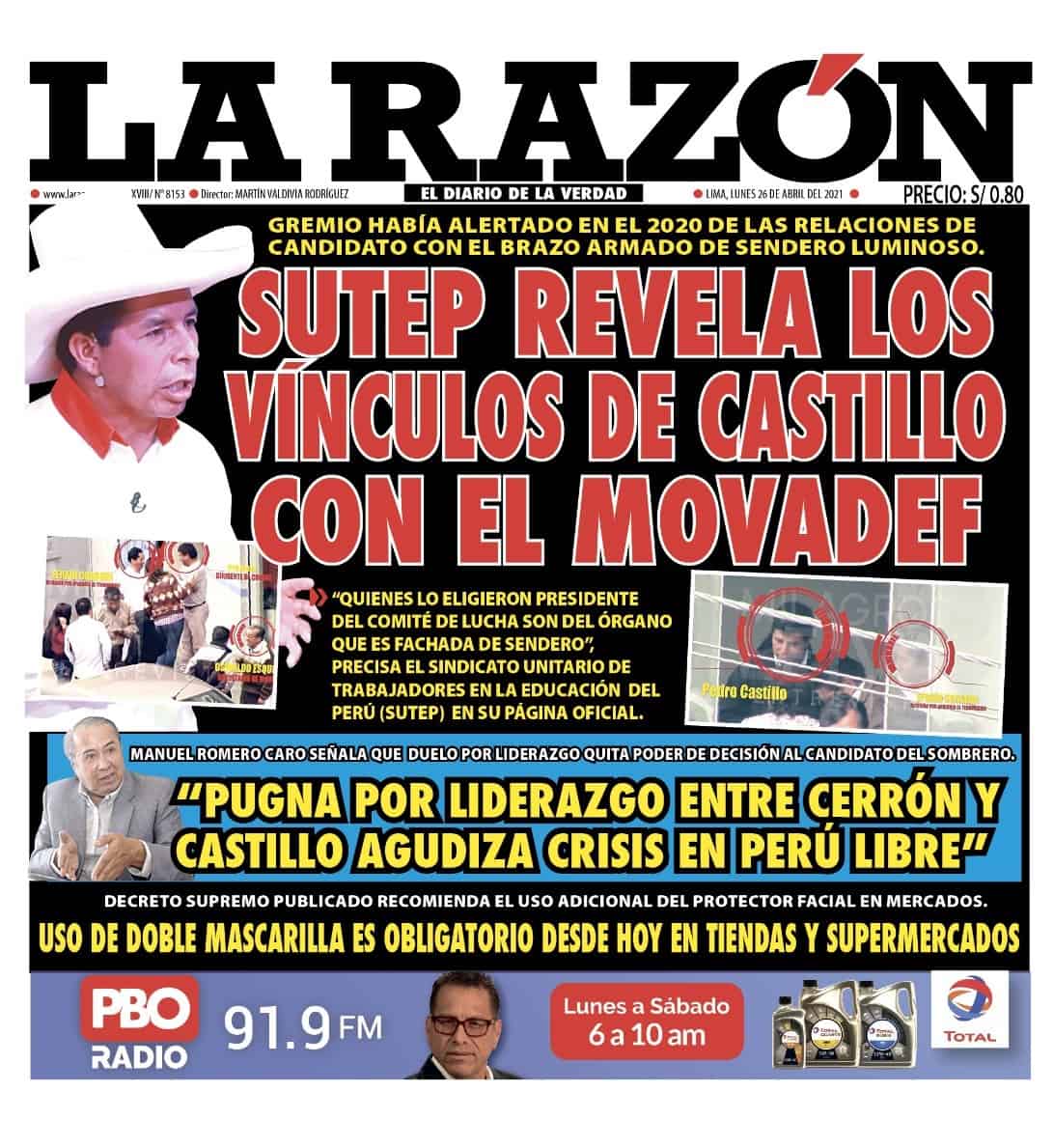 Portada impresa – Diario La Razón (26/04/2021)