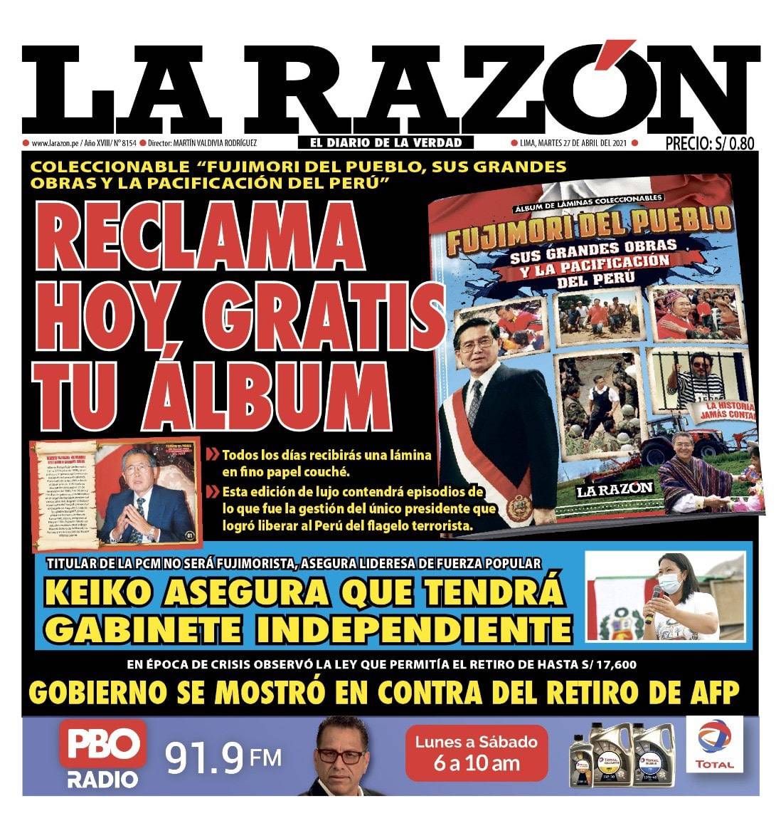 Portada impresa – Diario La Razón (27/04/2021)