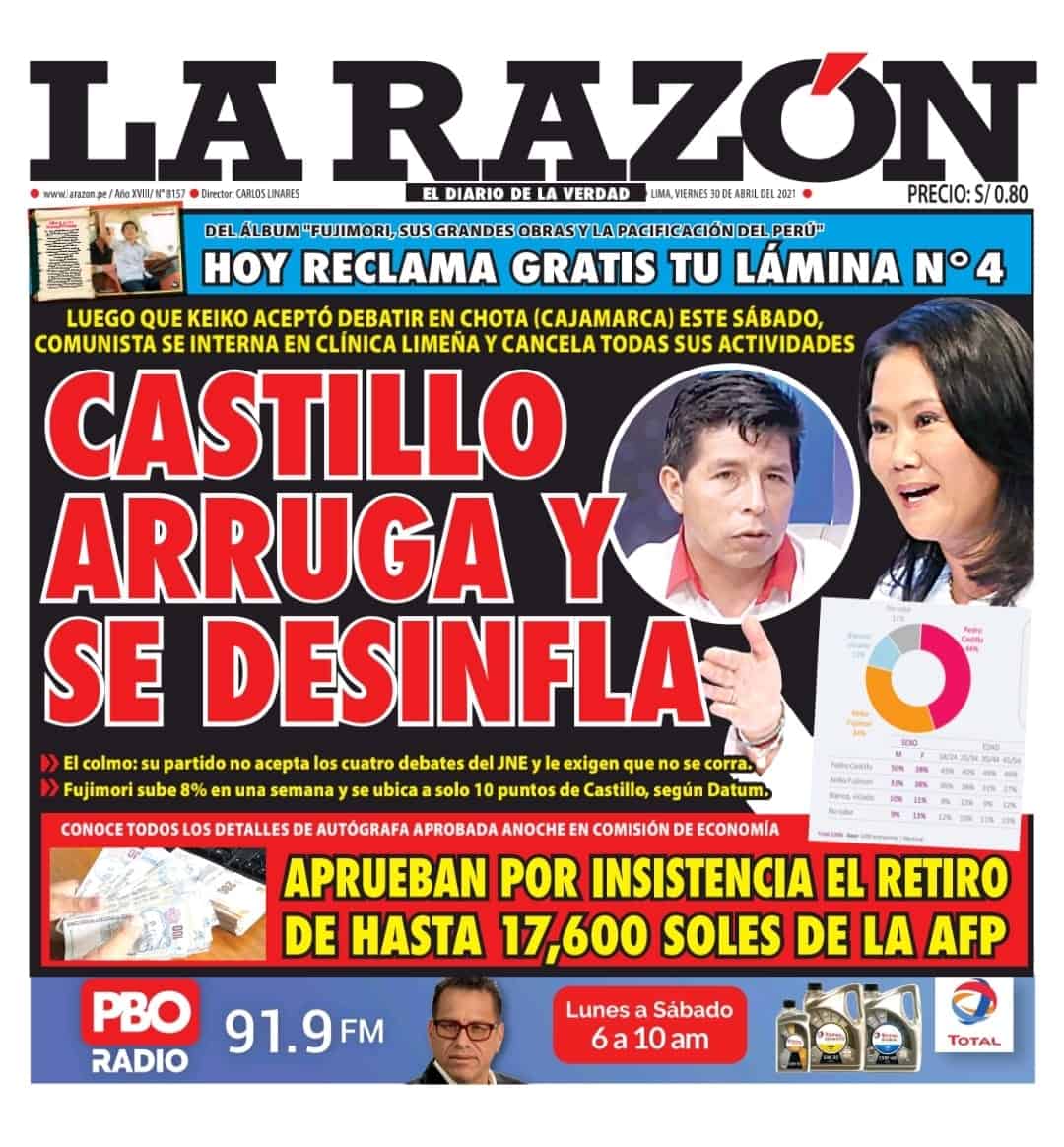 Portada impresa – Diario La Razón (30/04/2021)