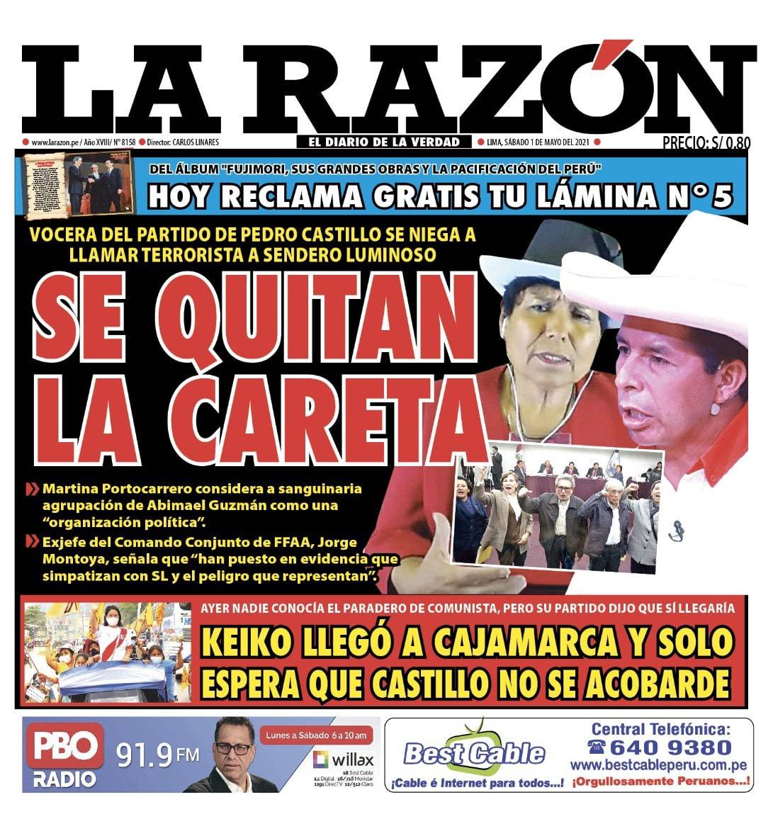 Portada impresa – Diario La Razón (01/05/2021)