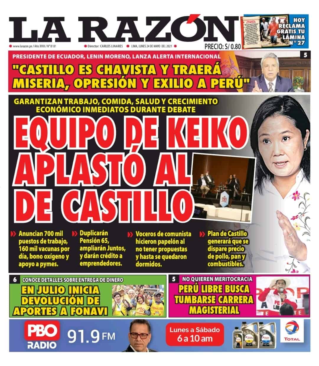 Portada impresa – Diario La Razón (24/05/2021)
