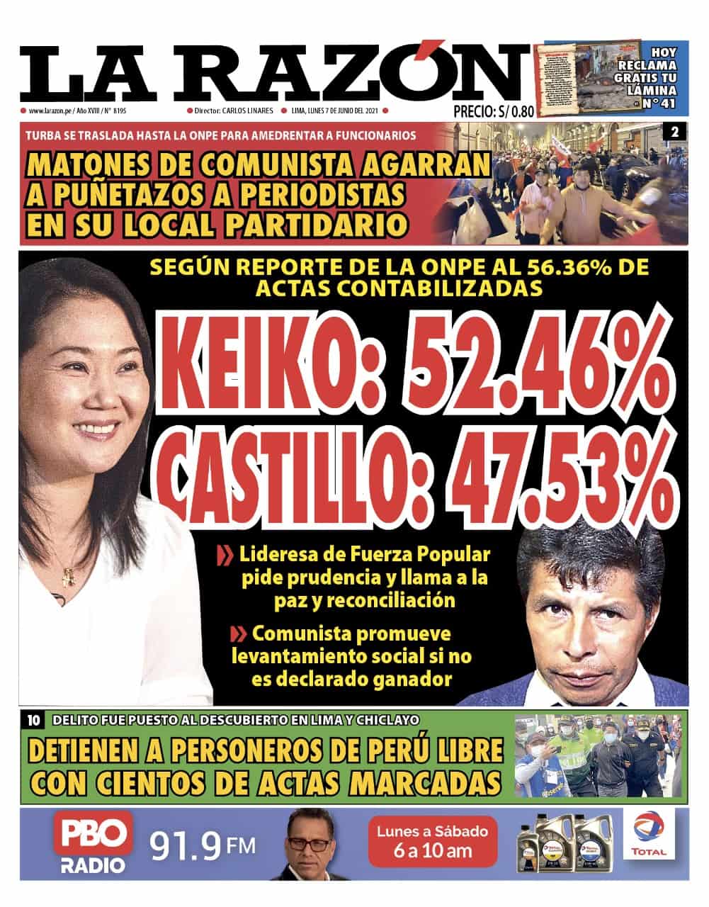 Portada impresa – Diario La Razón (07/06/2021)