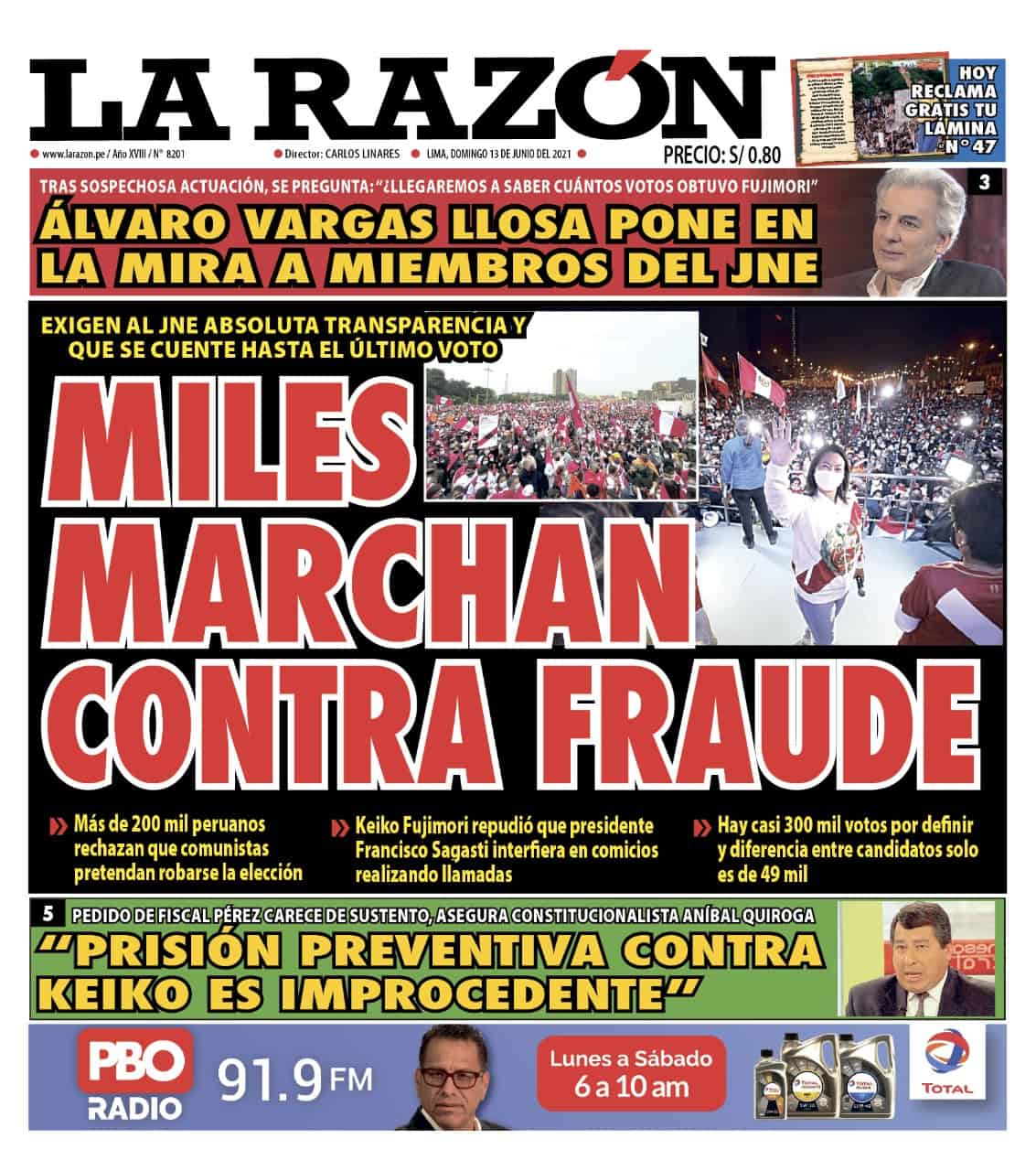 Portada impresa – Diario La Razón (13/06/2021)