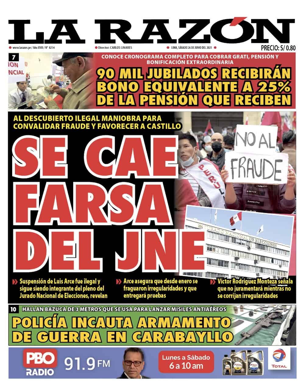 Portada impresa – Diario La Razón (26/06/2021)
