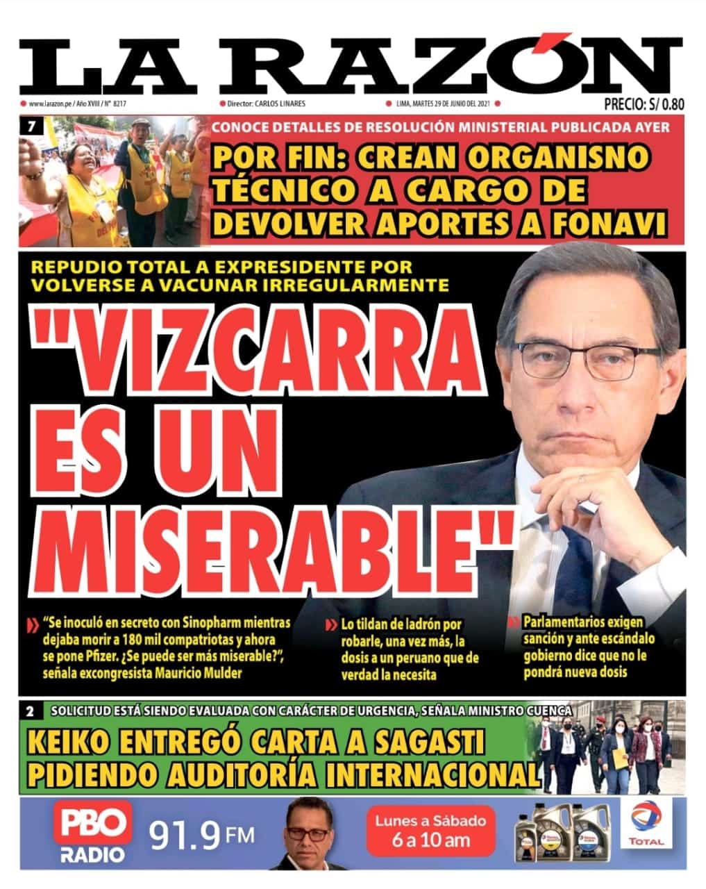 Portada impresa – Diario La Razón (29/06/2021)