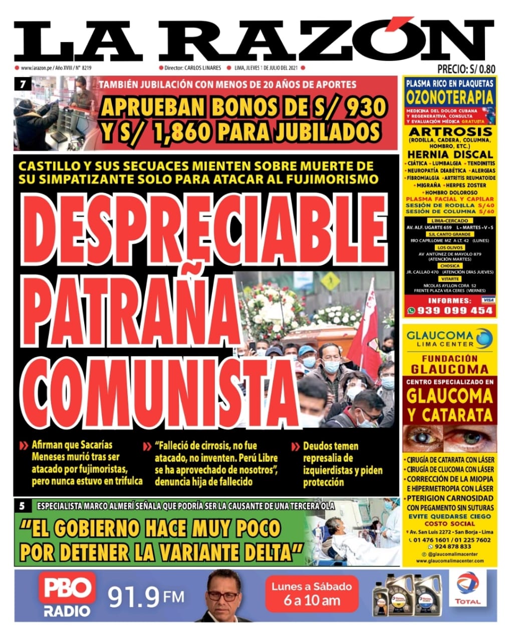 Portada impresa – Diario La Razón (01/07/2021)