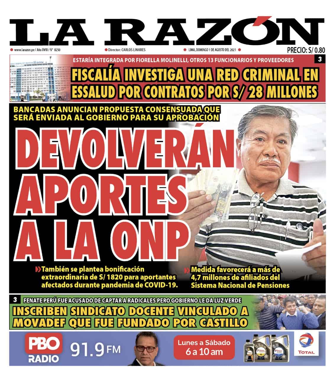 Portada impresa – Diario La Razón (01/08/2021)