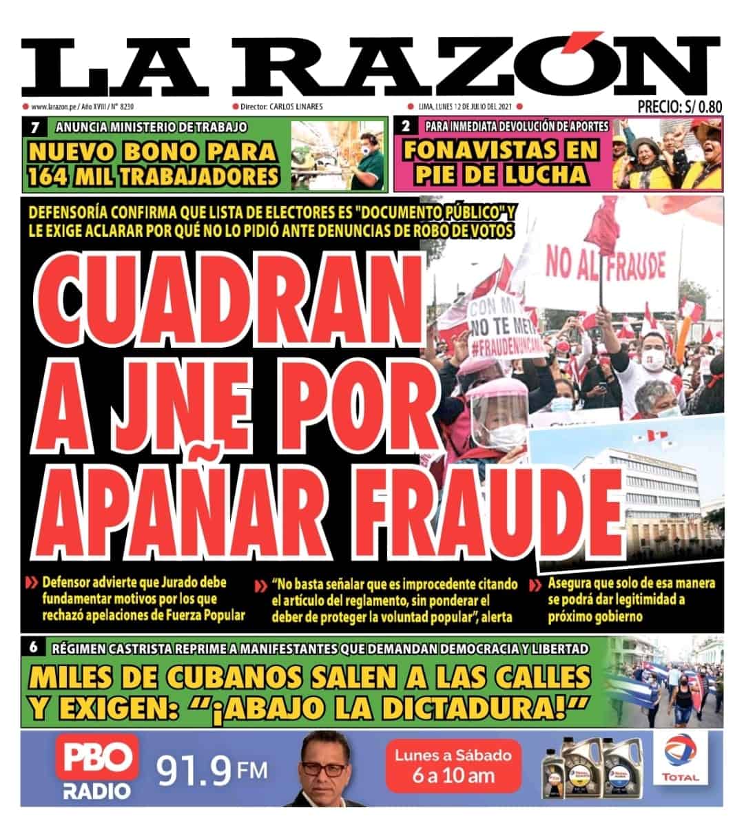 Portada impresa – Diario La Razón (12/07/2021) - Vimarsana News