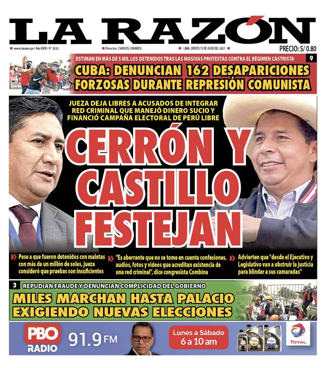 Portada impresa – Diario La Razón (15/07/2021) - Vimarsana News