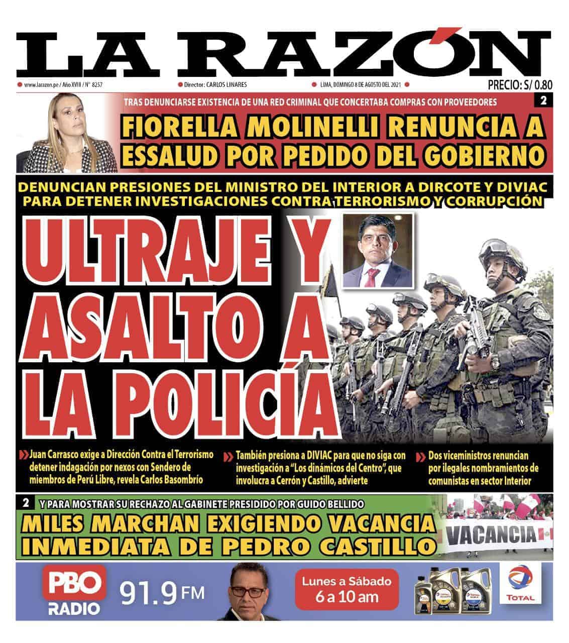 Portada impresa – Diario La Razón (08/08/2021)