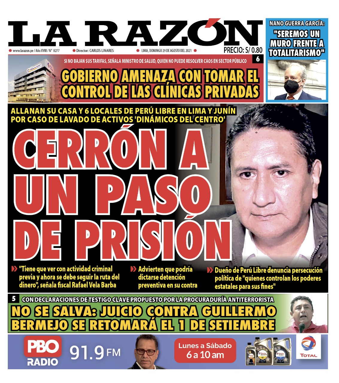 Portada impresa – Diario La Razón (29/08/2021)