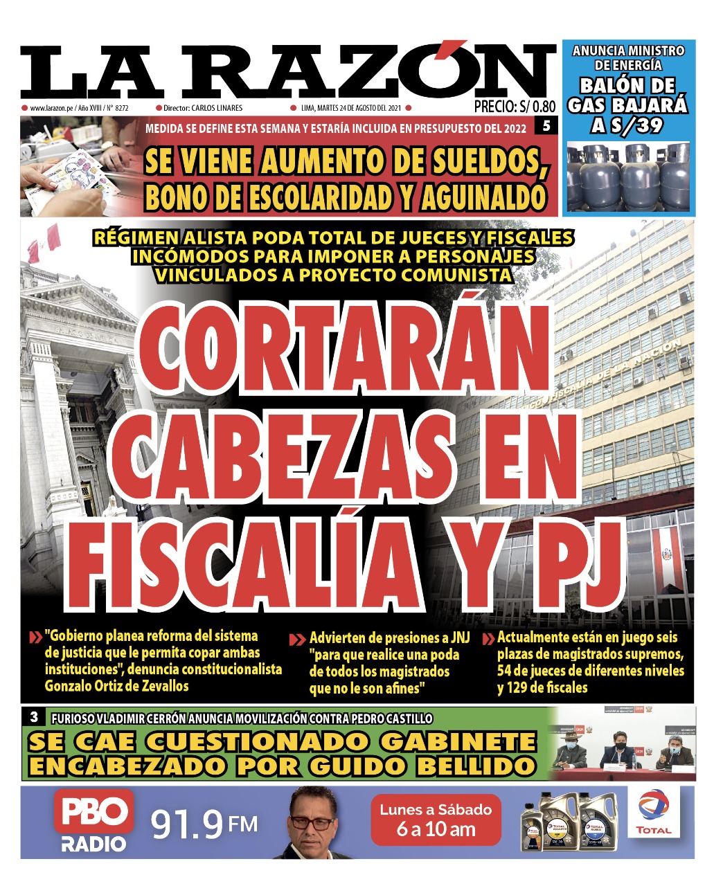 Portada impresa – Diario La Razón (24/08/2021)