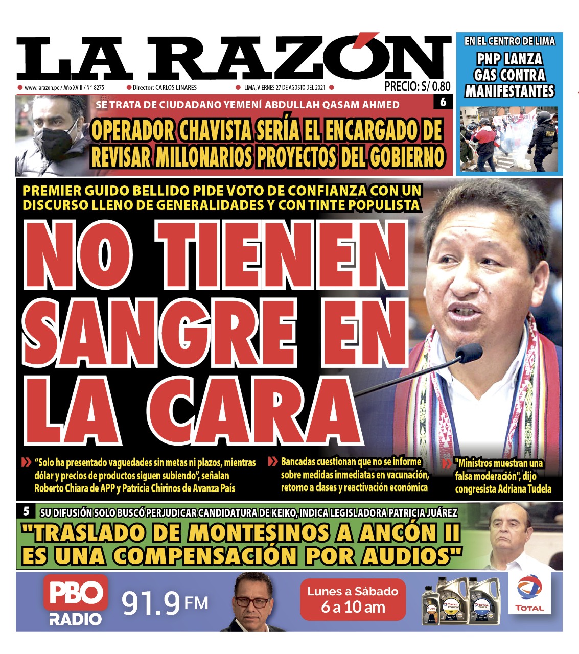 Portada impresa – Diario La Razón (27/08/2021)