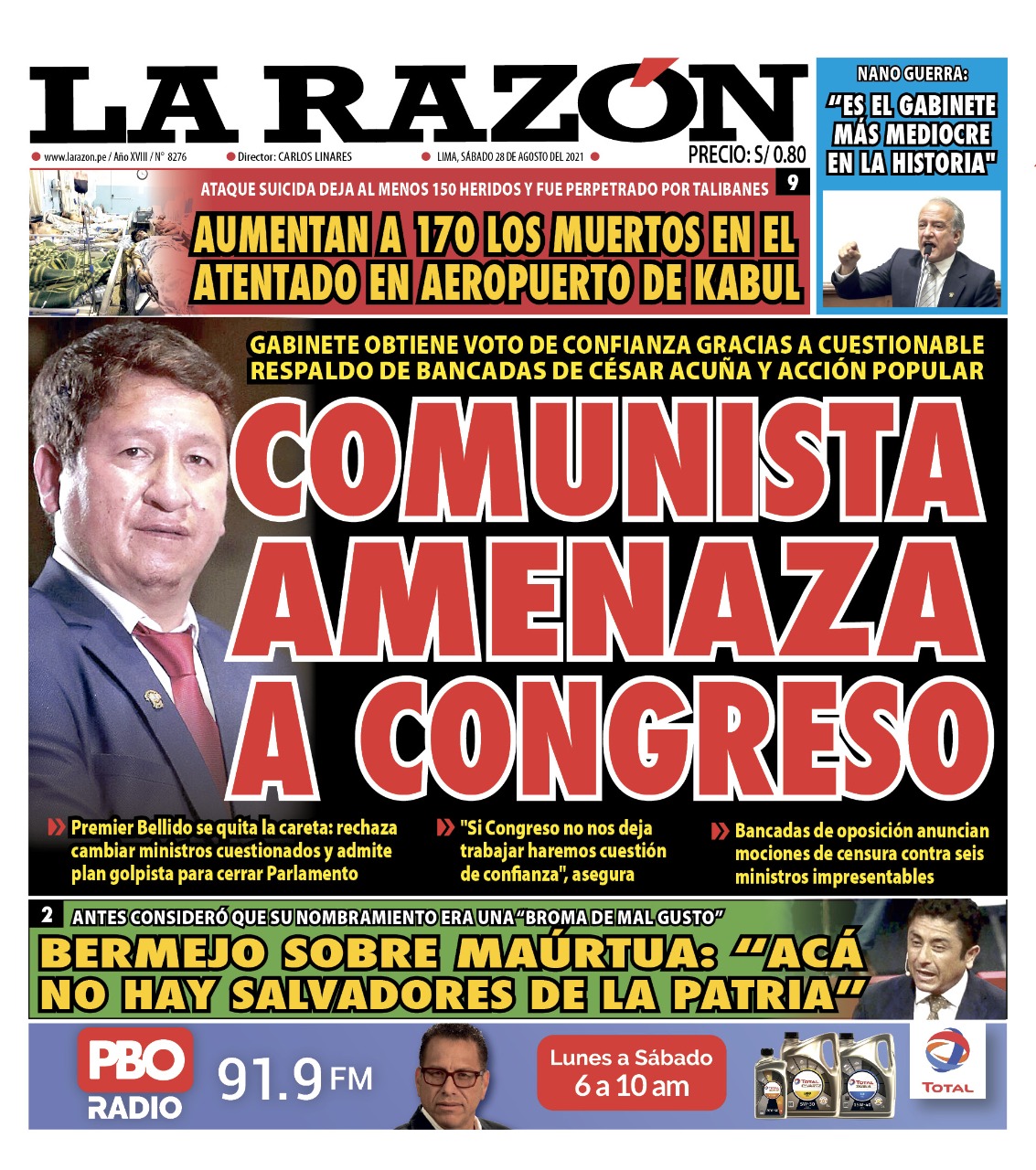 Portada impresa – Diario La Razón (28/08/2021)