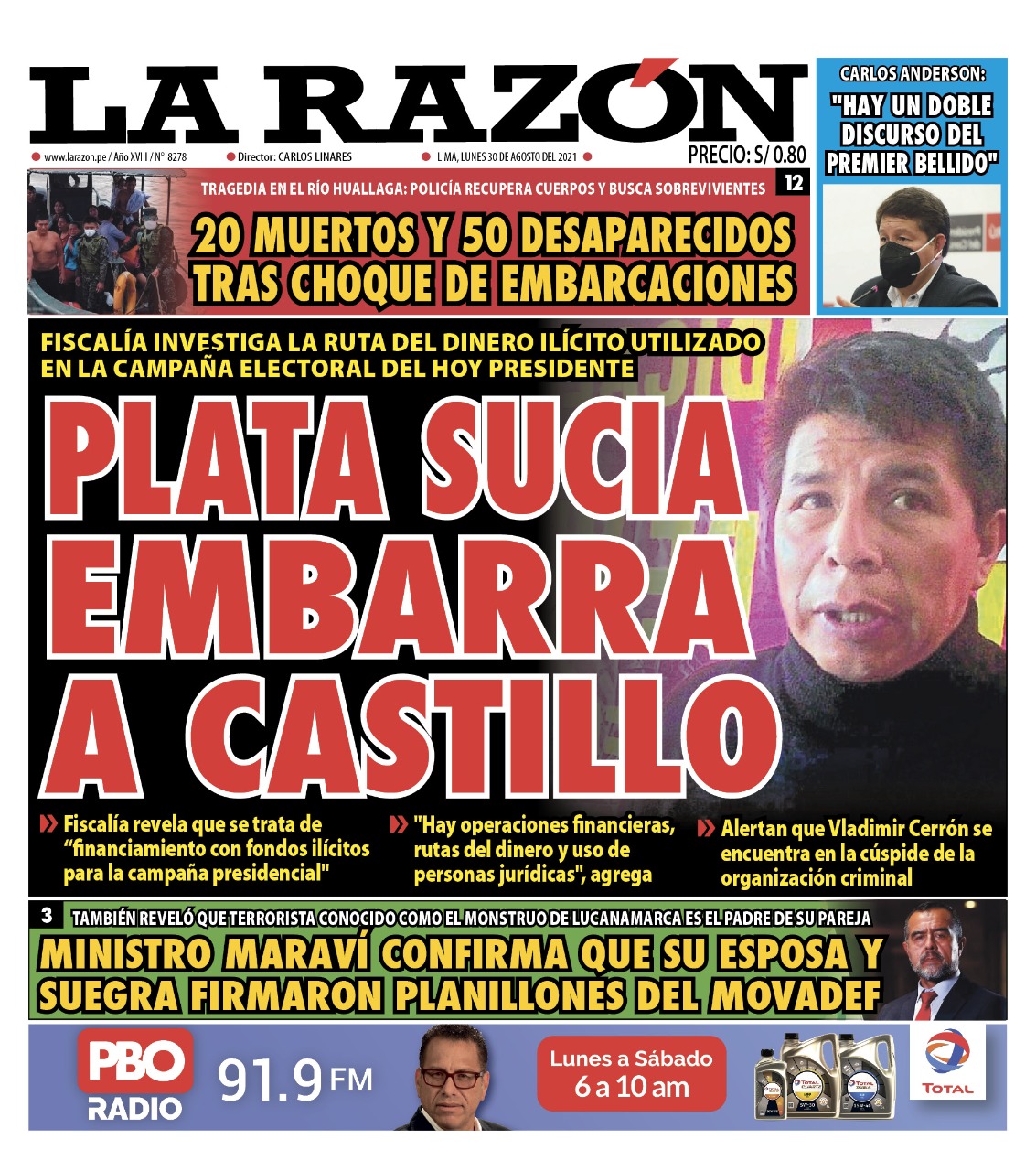 Portada impresa – Diario La Razón (30/08/2021)