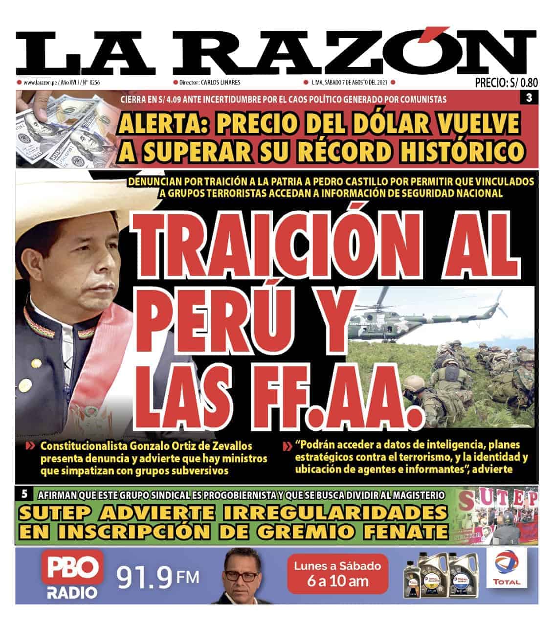 Portada impresa – Diario La Razón (07/08/2021)