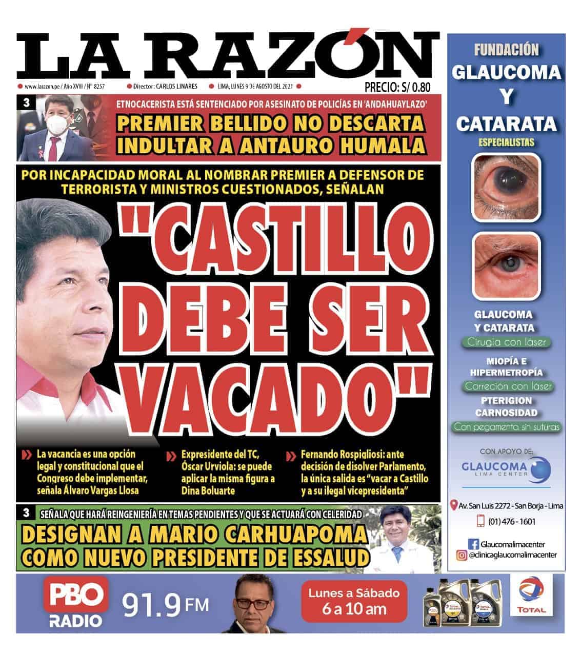 Portada impresa – Diario La Razón (09/08/2021)