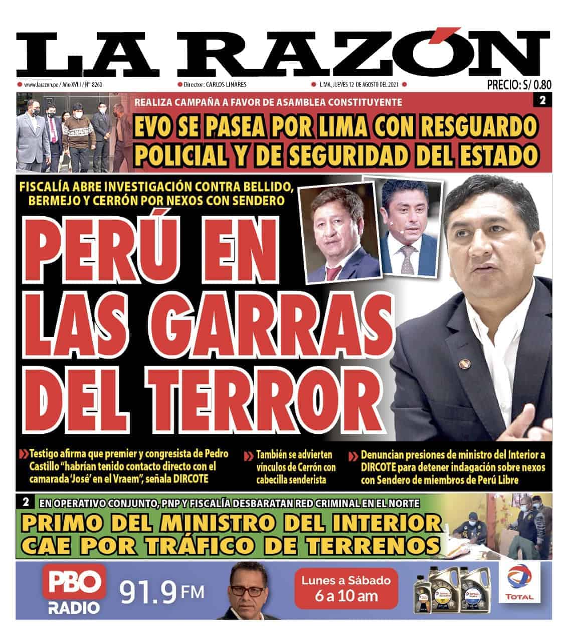 Portada impresa – Diario La Razón (12/08/2021)