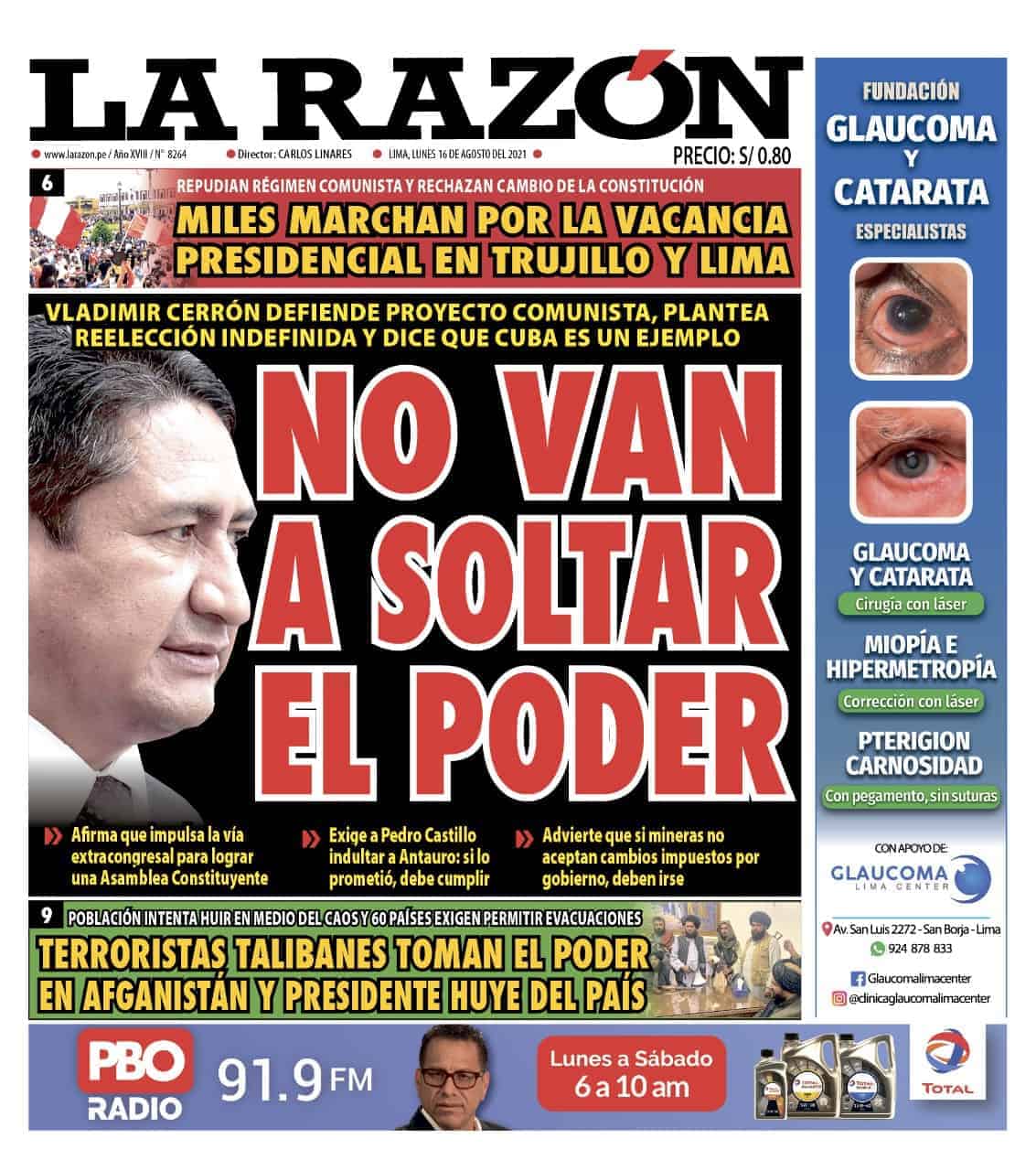 Portada impresa – Diario La Razón (16/08/2021)