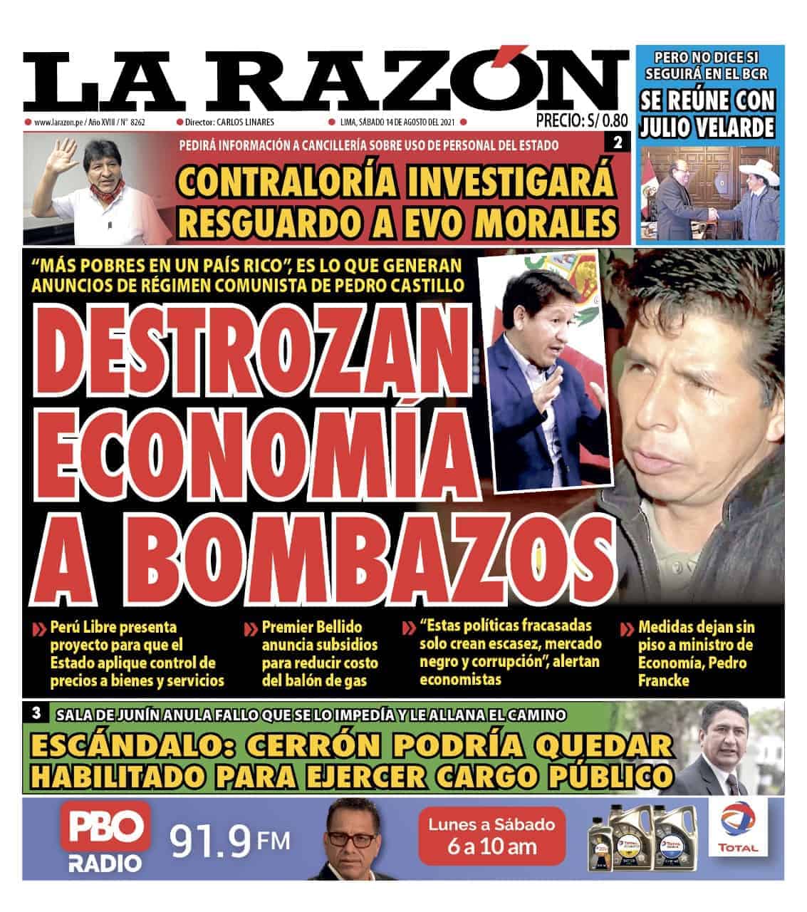 Portada impresa – Diario La Razón (14/08/2021)