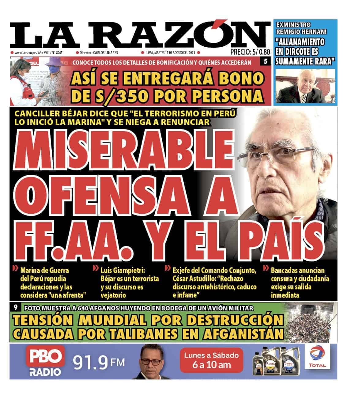 Portada impresa – Diario La Razón (17/08/2021)