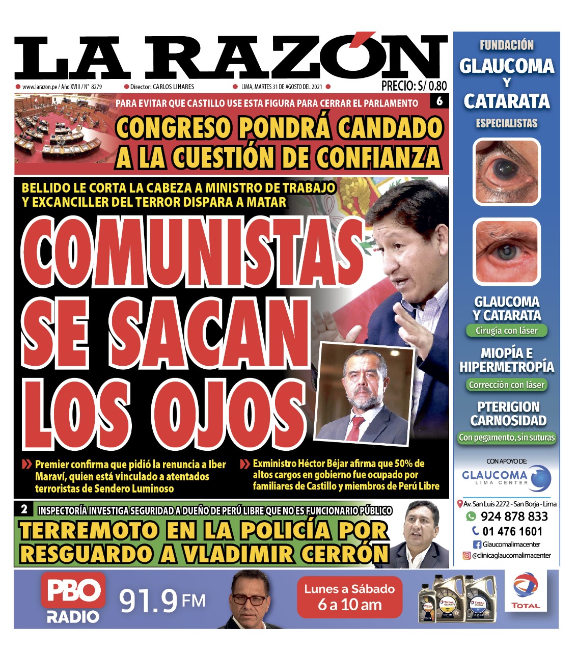 Portada impresa – Diario La Razón (31/08/2021)