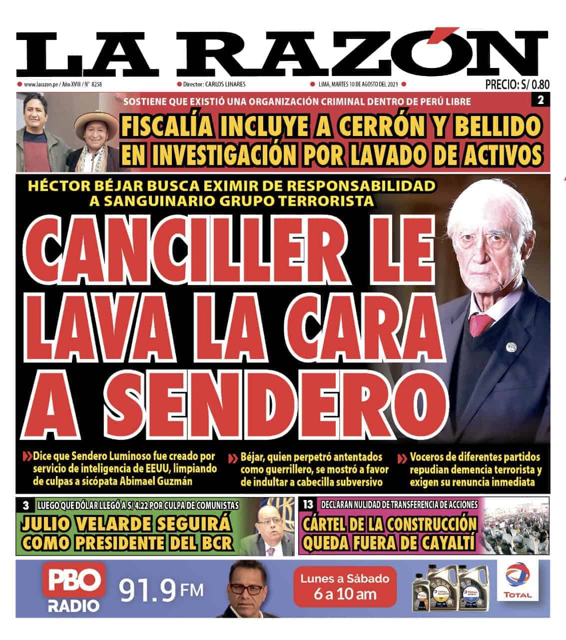 Portada impresa – Diario La Razón (10/08/2021)