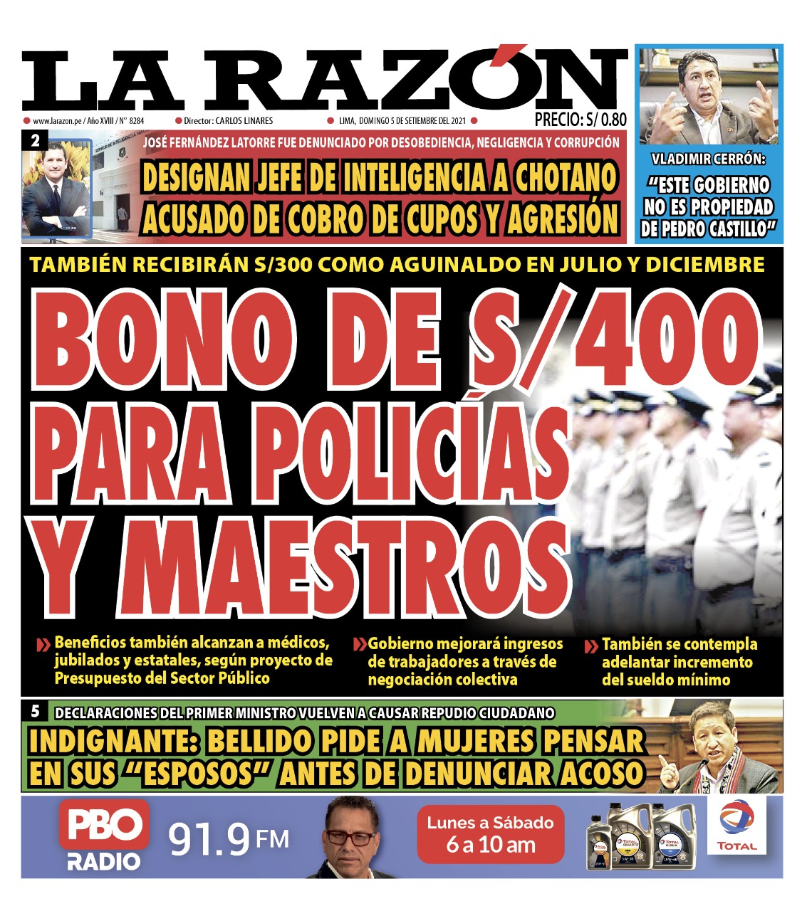 Portada impresa – Diario La Razón (05/09/2021)