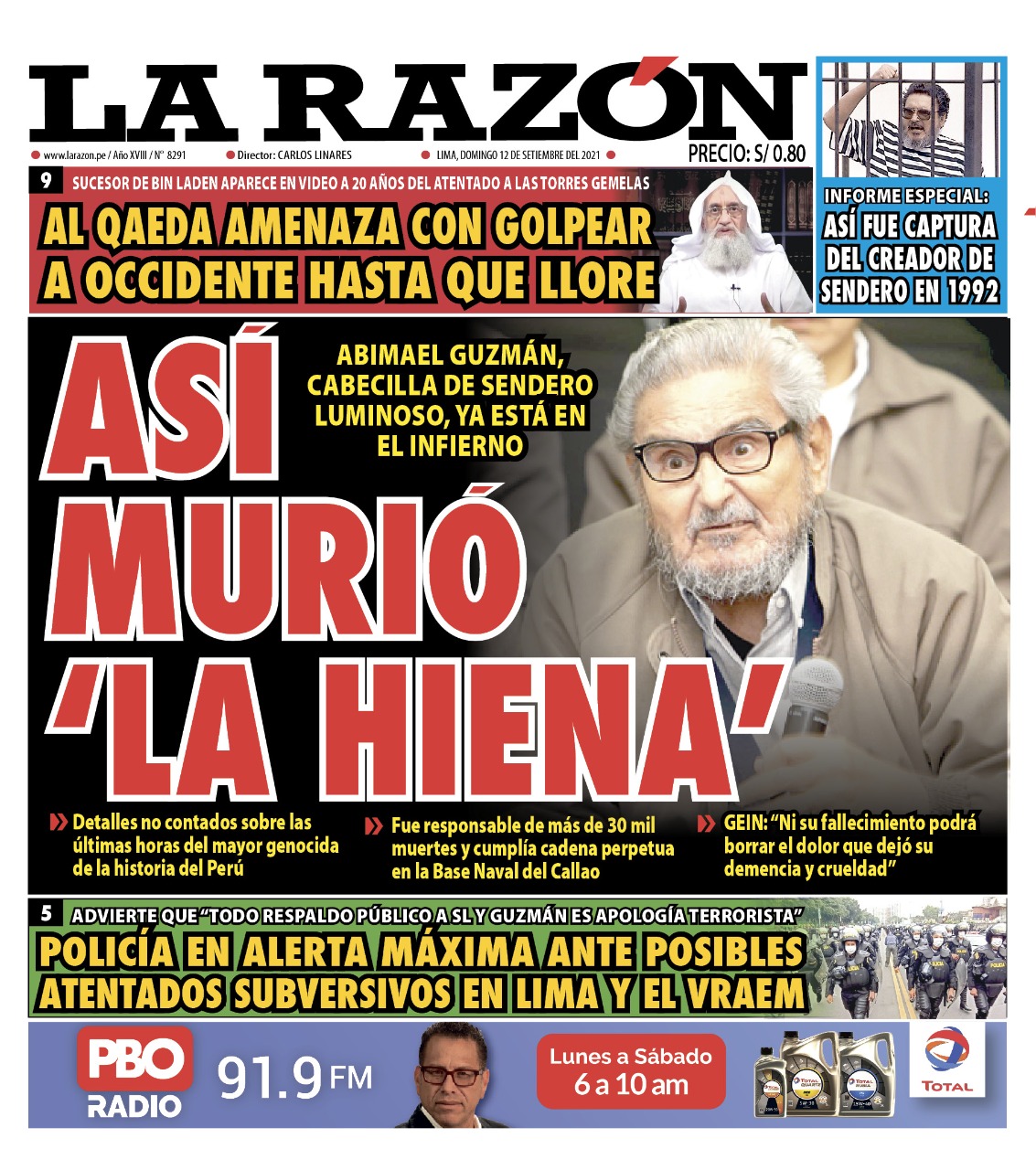 Portada impresa – Diario La Razón (12/09/2021)