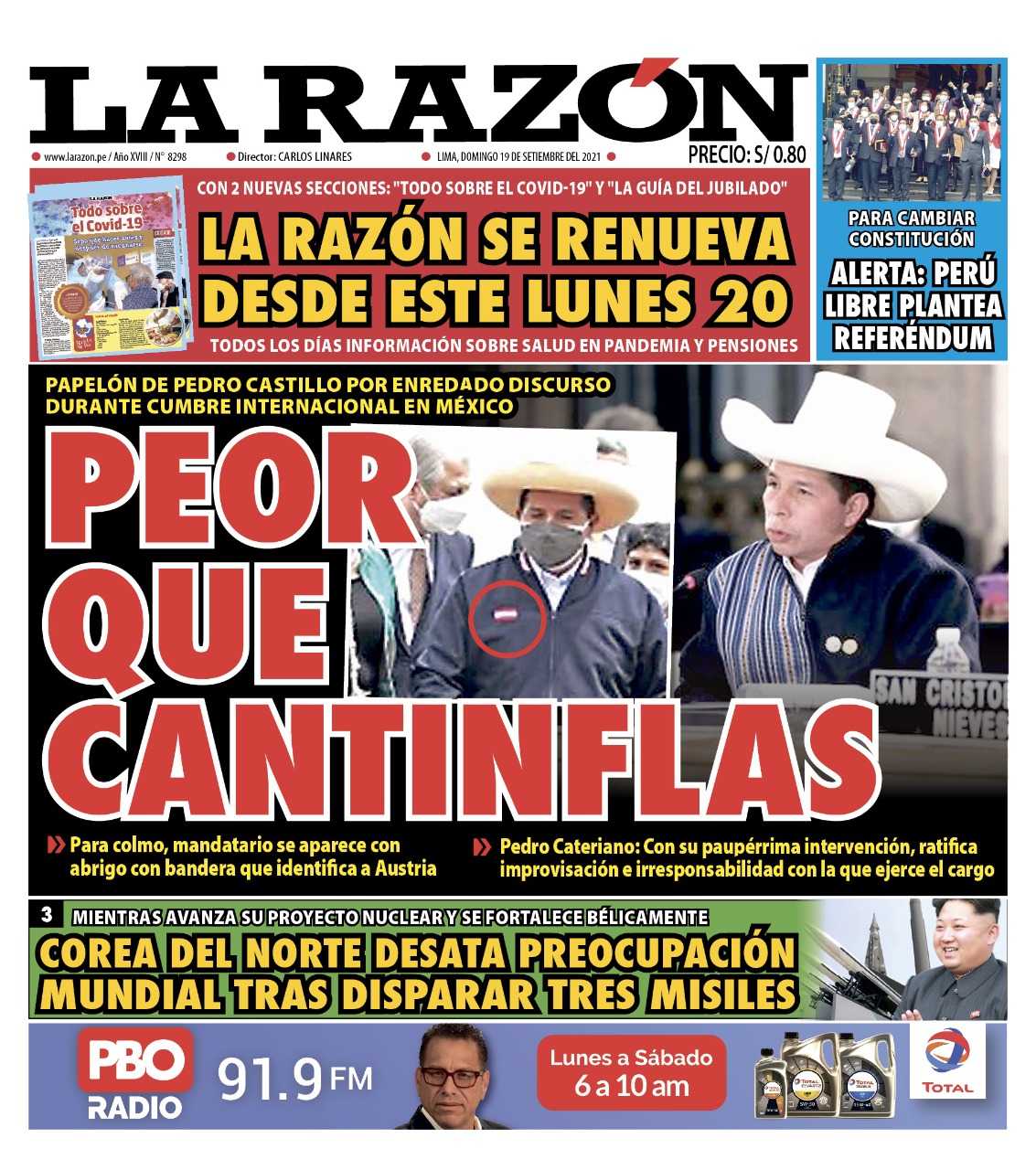 Portada impresa – Diario La Razón (19/09/2021)