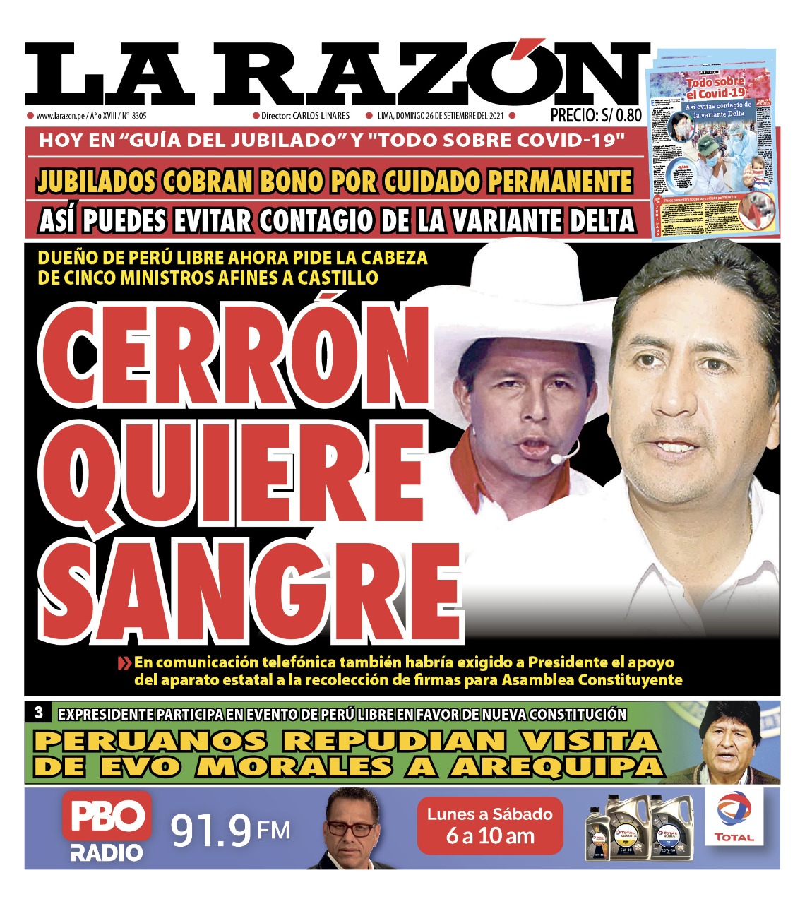 Portada impresa – Diario La Razón (26/09/2021)
