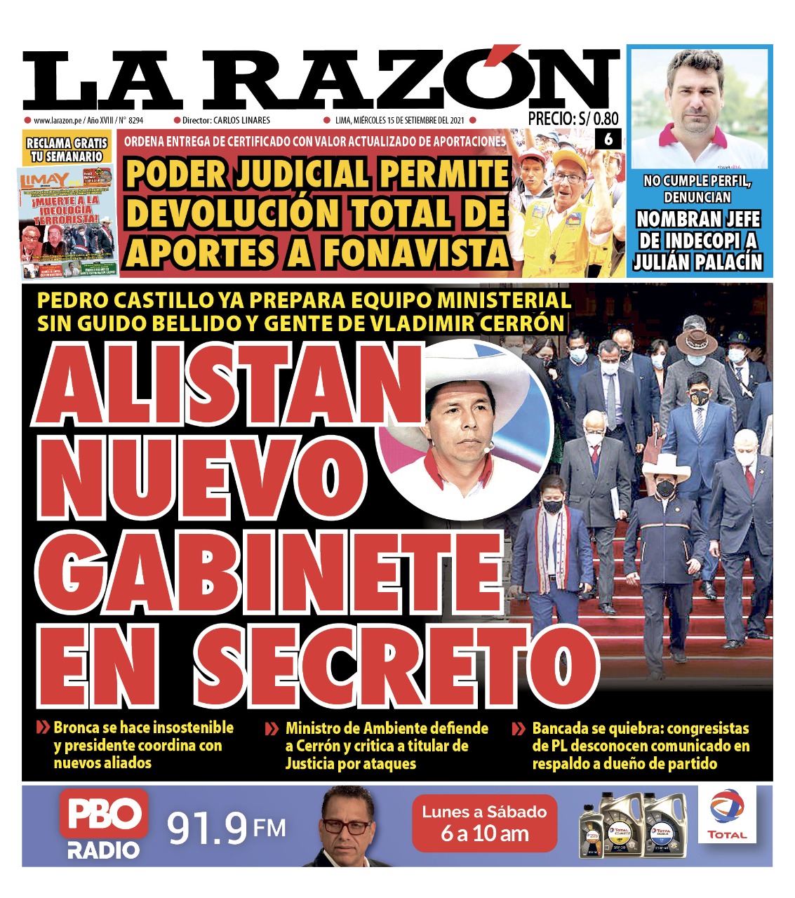 Portada impresa – Diario La Razón (14/09/2021)