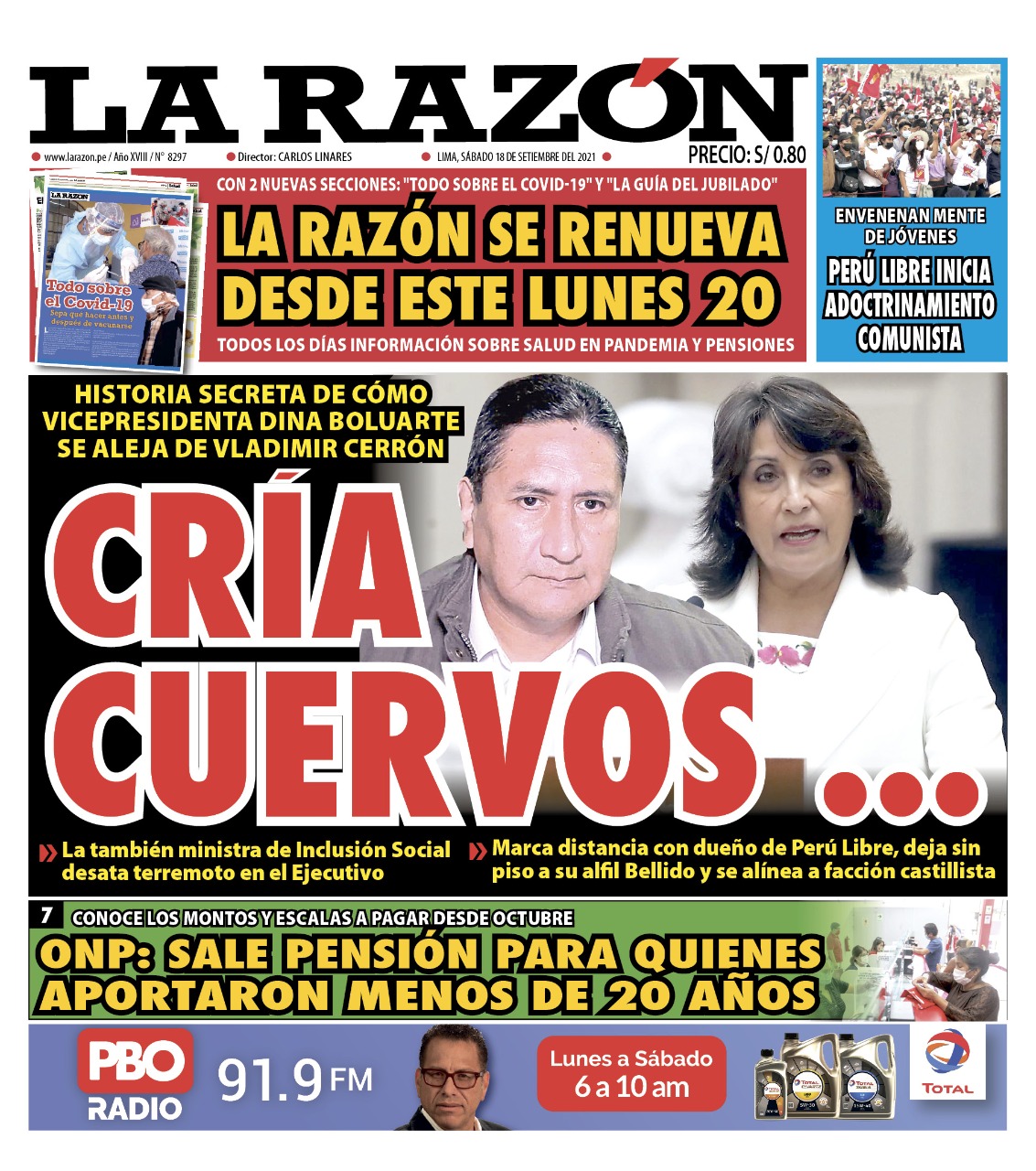Portada impresa – Diario La Razón (18/09/2021)