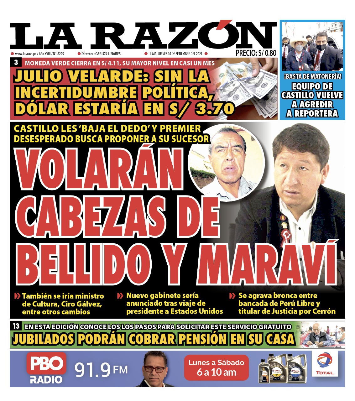 Portada impresa – Diario La Razón (15/09/2021)